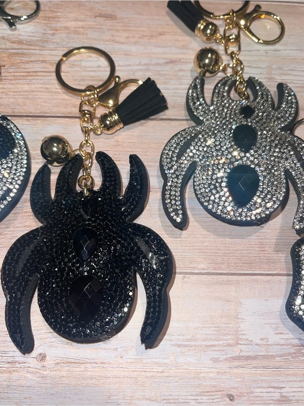 Rhinestone puffed Skull & Spiders Keychain Bag Charm with Tassel